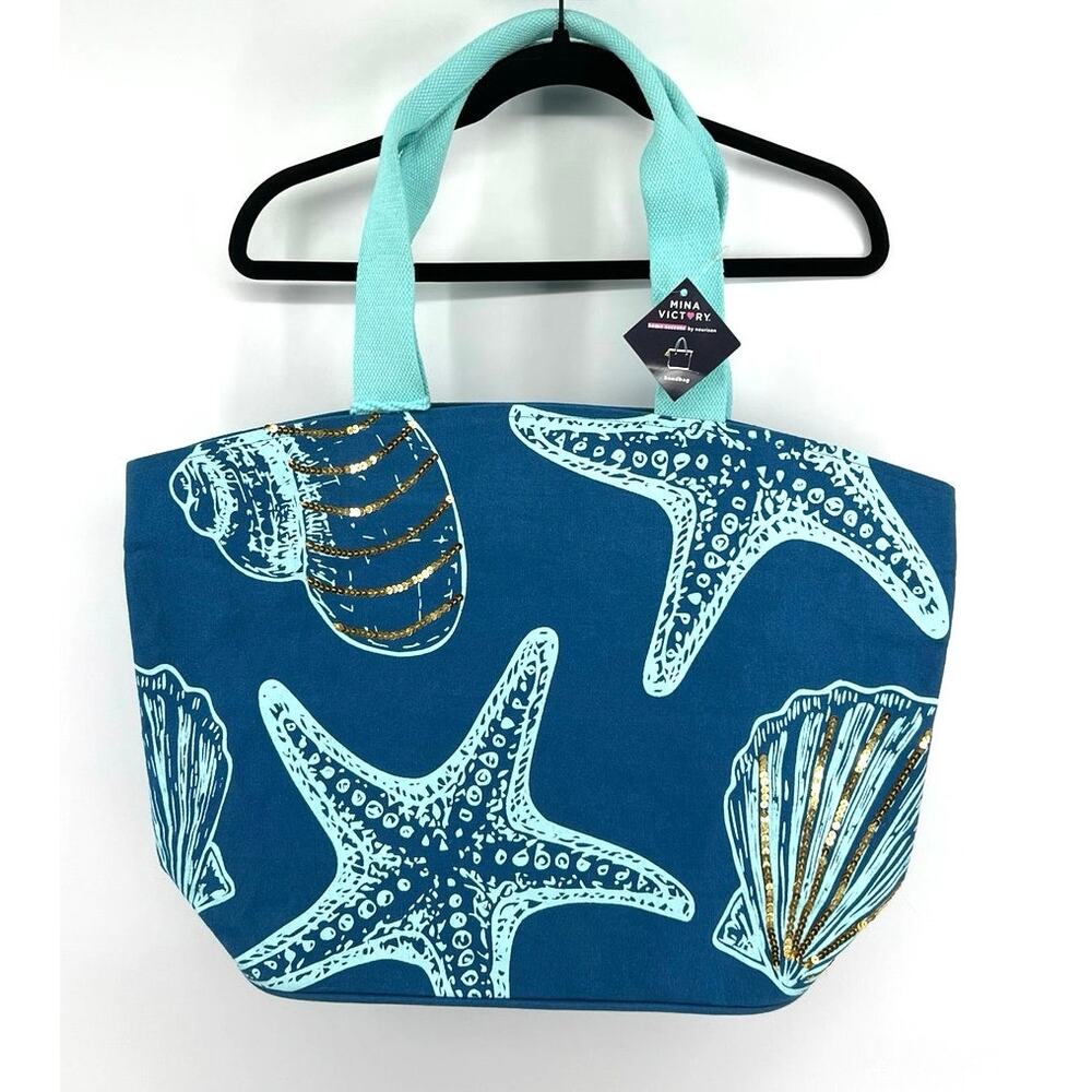 NWT Mina Victory Sequin Seashells Beach Tote Bag Set with Matching Clutch Blue